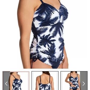 2 Piece Set Fantasie White NAVY Palm Print Tankini 36F + fold Over Bottoms Large